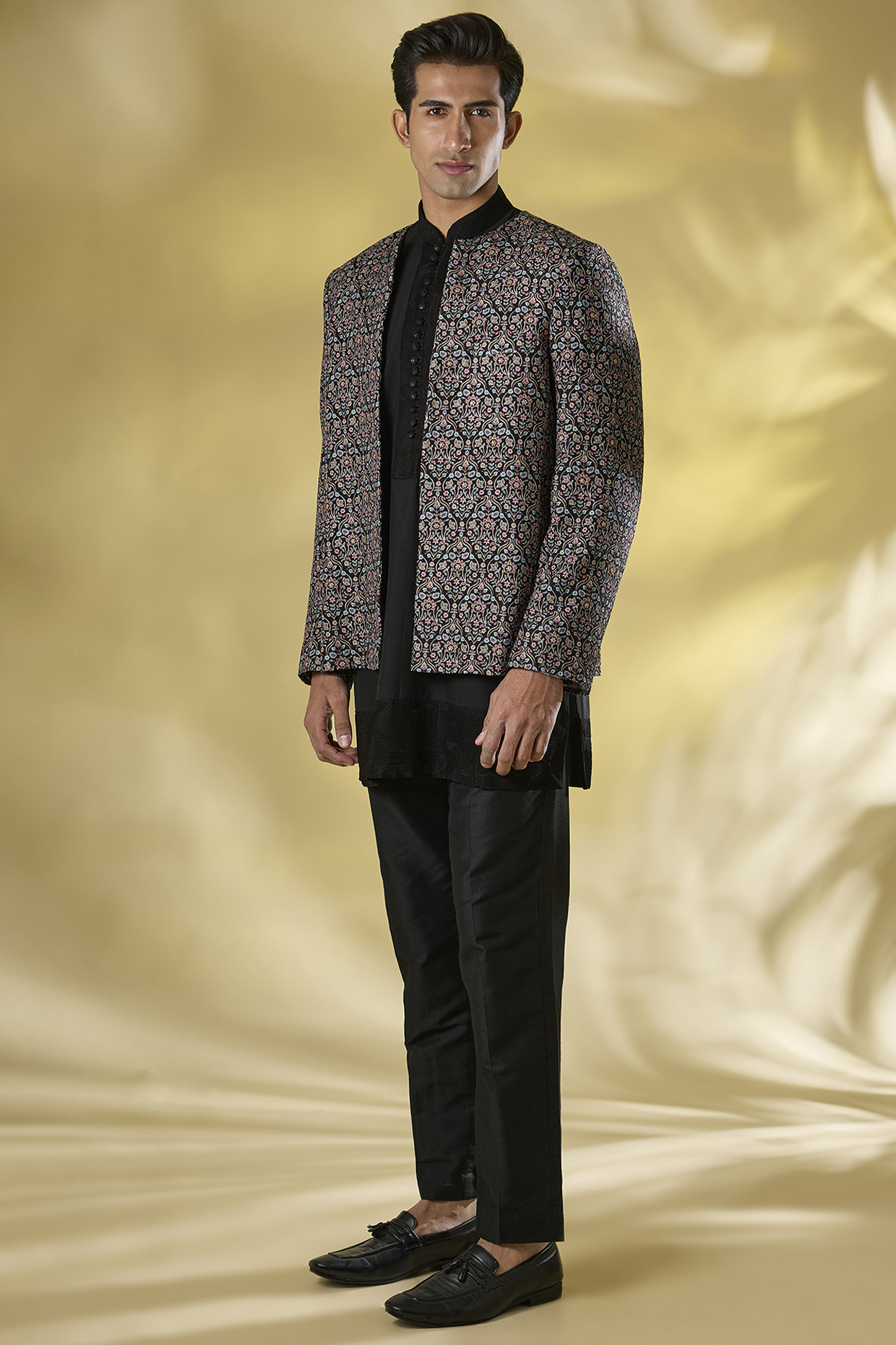 Black Dola Silk Thread Embroidered Indo-Western Set by Rabani & Rakha Men