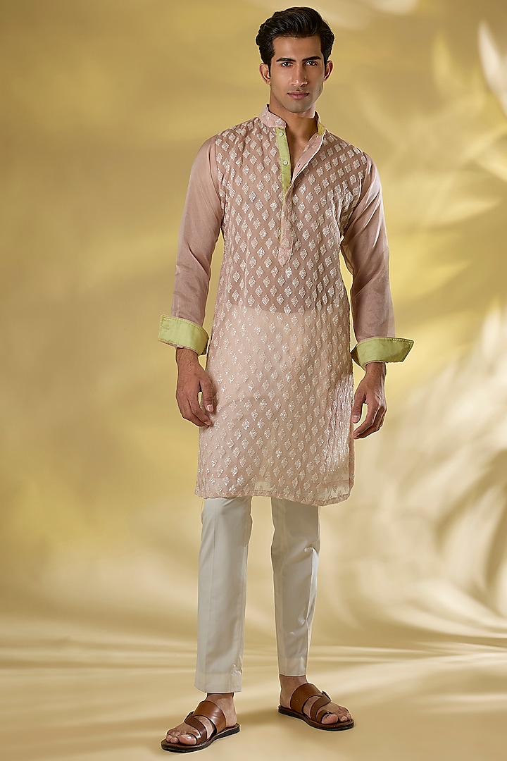 Blush Pink Organza Sequins Embroidered Kurta Set by Rabani & Rakha Men at Pernia's Pop Up Shop