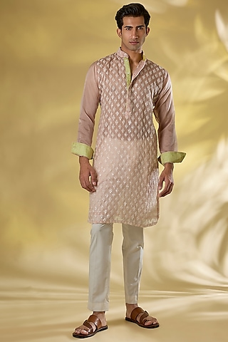 Blush Pink Organza Sequins Embroidered Kurta Set by Rabani & Rakha Men