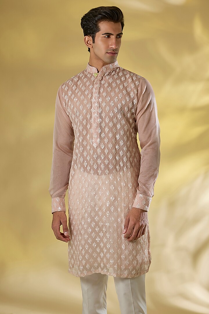 Blush Pink Organza Sequins Embroidered Kurta Set by Rabani & Rakha Men at Pernia's Pop Up Shop