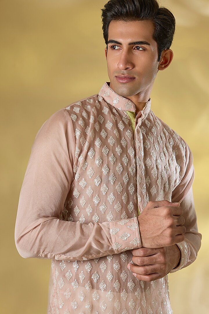 Blush Pink Organza Sequins Embroidered Kurta Set by Rabani & Rakha Men at Pernia's Pop Up Shop