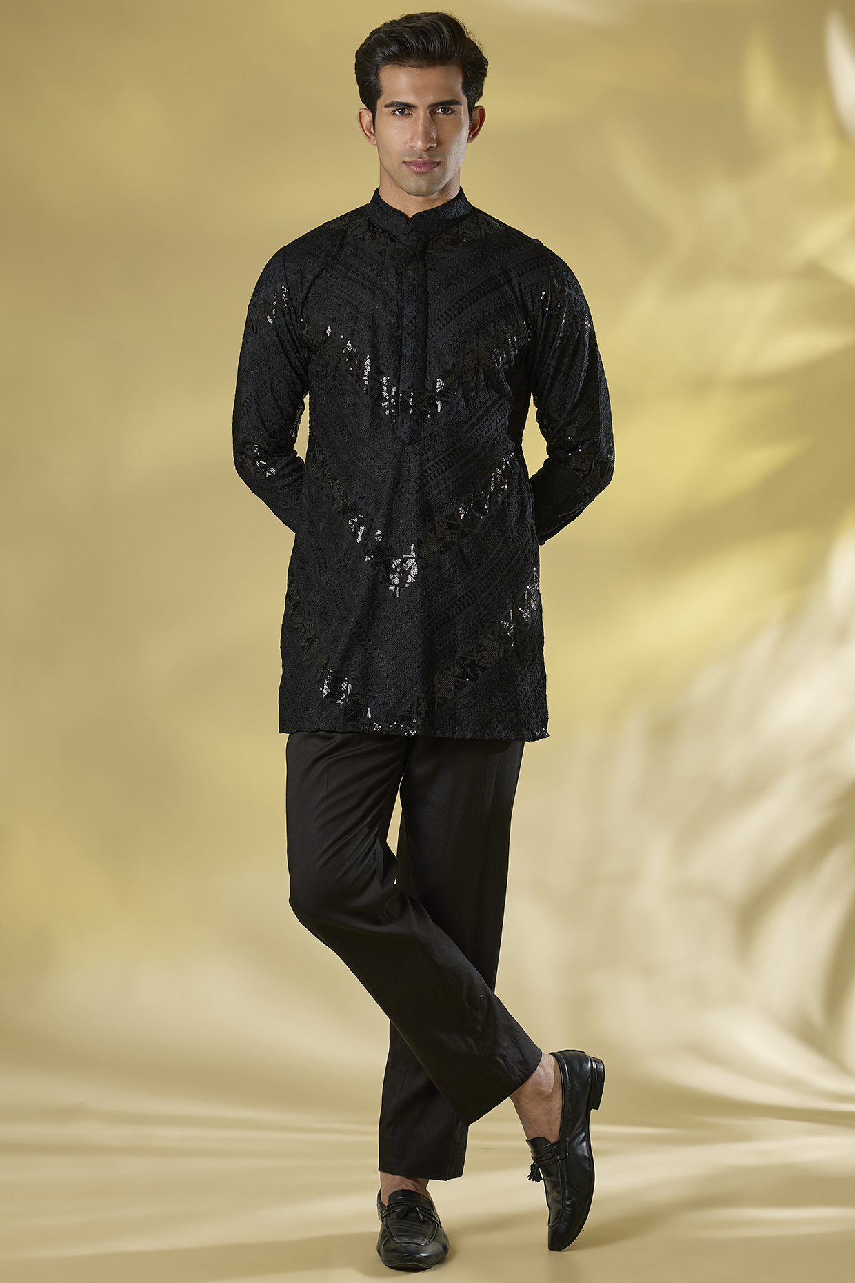Black Cotton Silk Sequins Embroidered Short Kurta Set by Rabani & Rakha Men