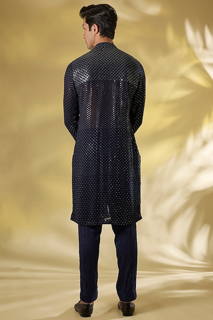 Dark Blue Georgette Sequins Embroidered Kurta Set by Rabani & Rakha Men at Pernia's Pop Up Shop