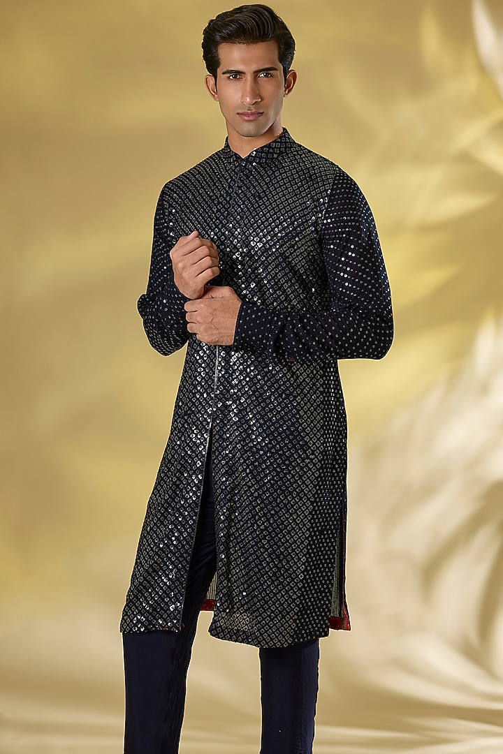 Dark Blue Georgette Sequins Embroidered Kurta Set by Rabani & Rakha Men at Pernia's Pop Up Shop
