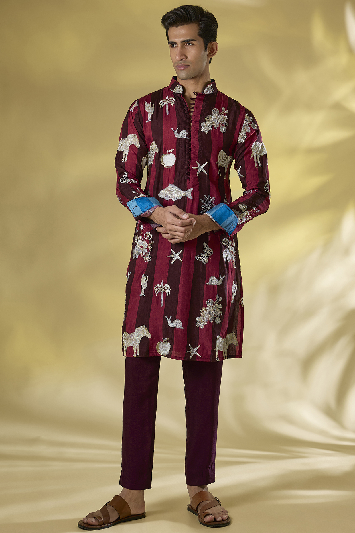 Wine Striped Silk Thread Work Kurta Set by Rabani & Rakha Men