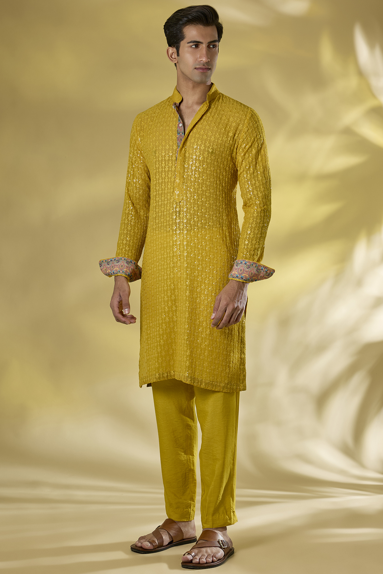 Haldi Yellow Georgette Sequins Embroidered Kurta Set by Rabani & Rakha Men