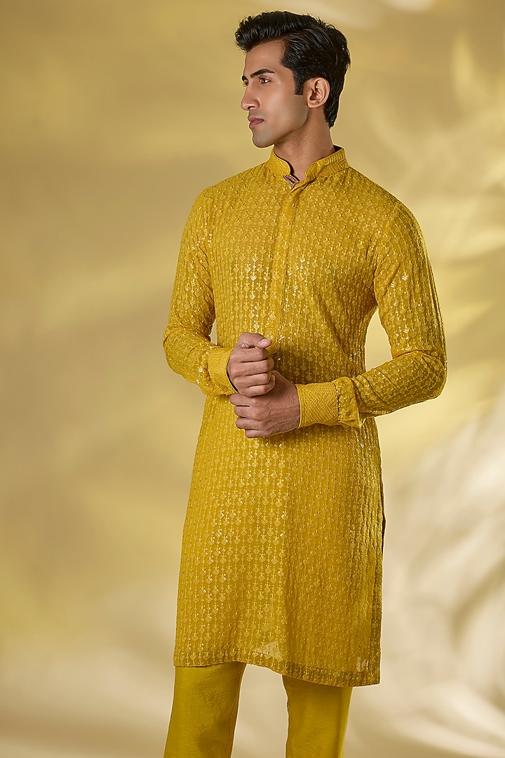 Haldi Yellow Georgette Sequins Embroidered Kurta Set by Rabani & Rakha Men at Pernia's Pop Up Shop