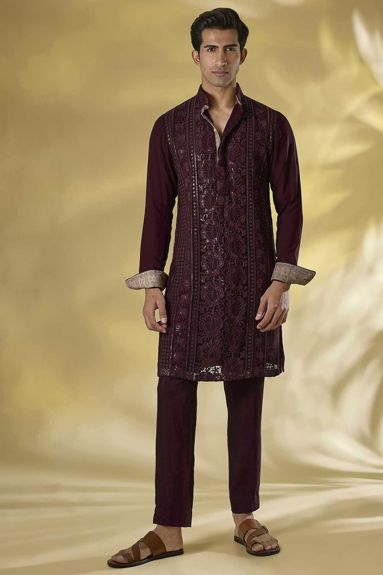 Oxblood Georgette Sequins Embroidered Kurta Set by Rabani & Rakha Men