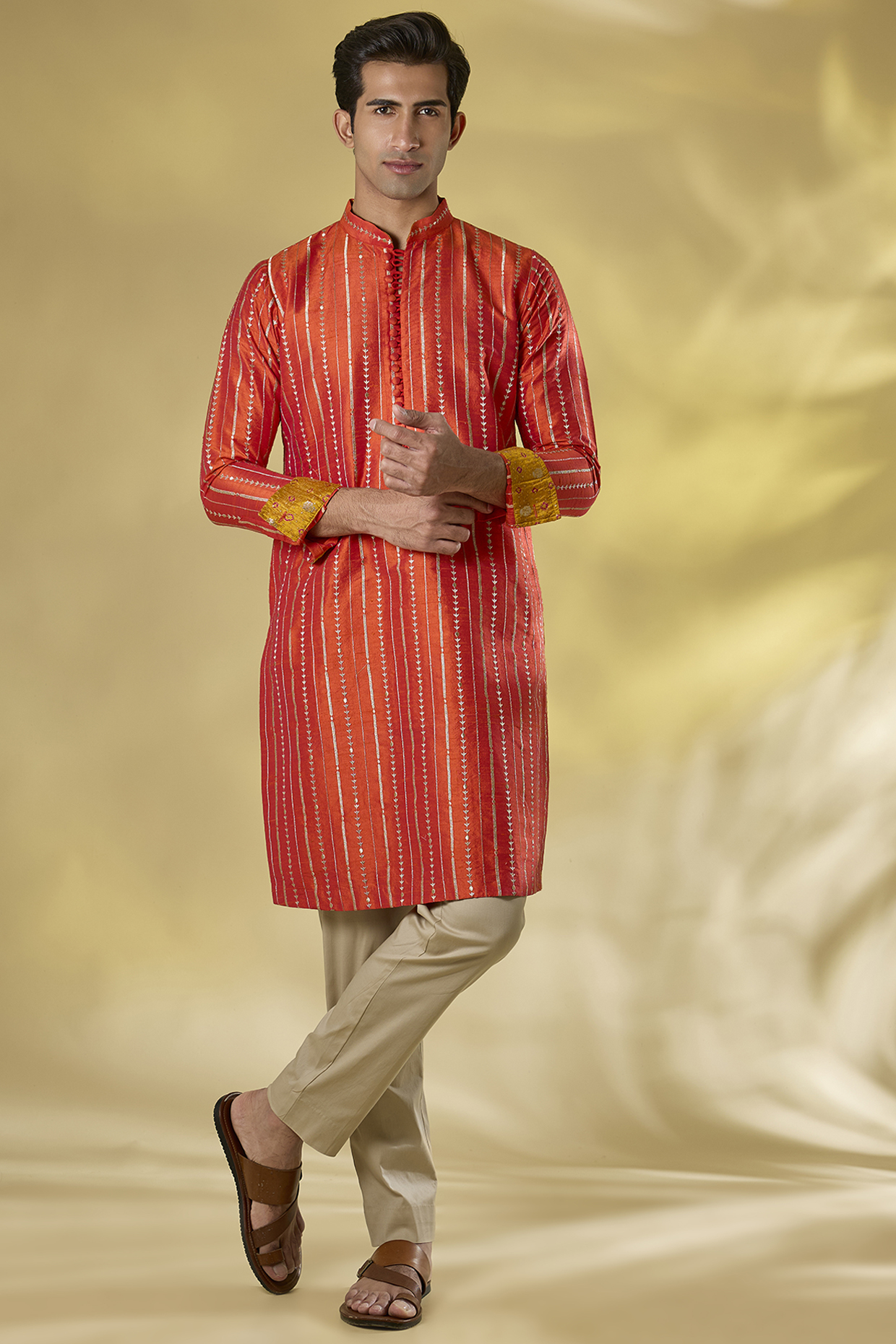 Orange Silk Printed & Sequins Work Kurta Set by Rabani & Rakha Men