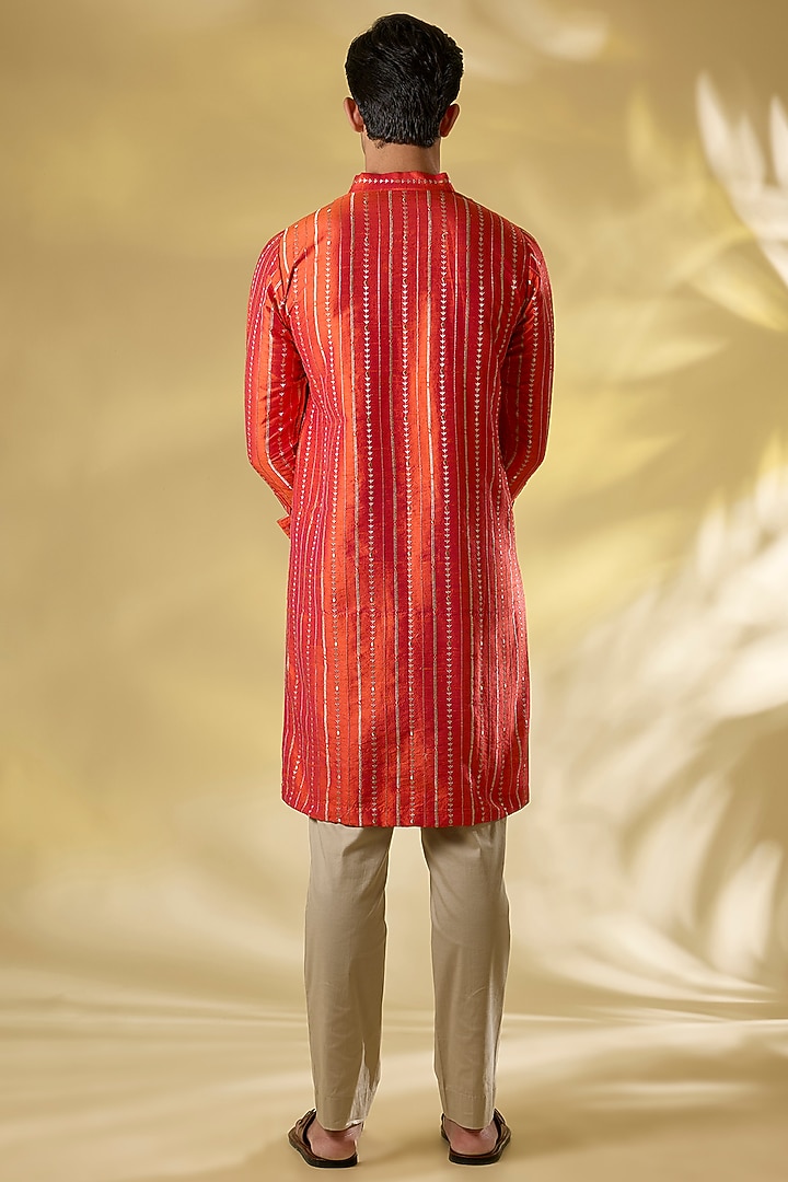 Orange Silk Printed & Sequins Work Kurta Set by Rabani & Rakha Men at Pernia's Pop Up Shop