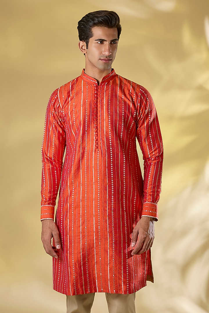 Orange Silk Printed & Sequins Work Kurta Set by Rabani & Rakha Men at Pernia's Pop Up Shop