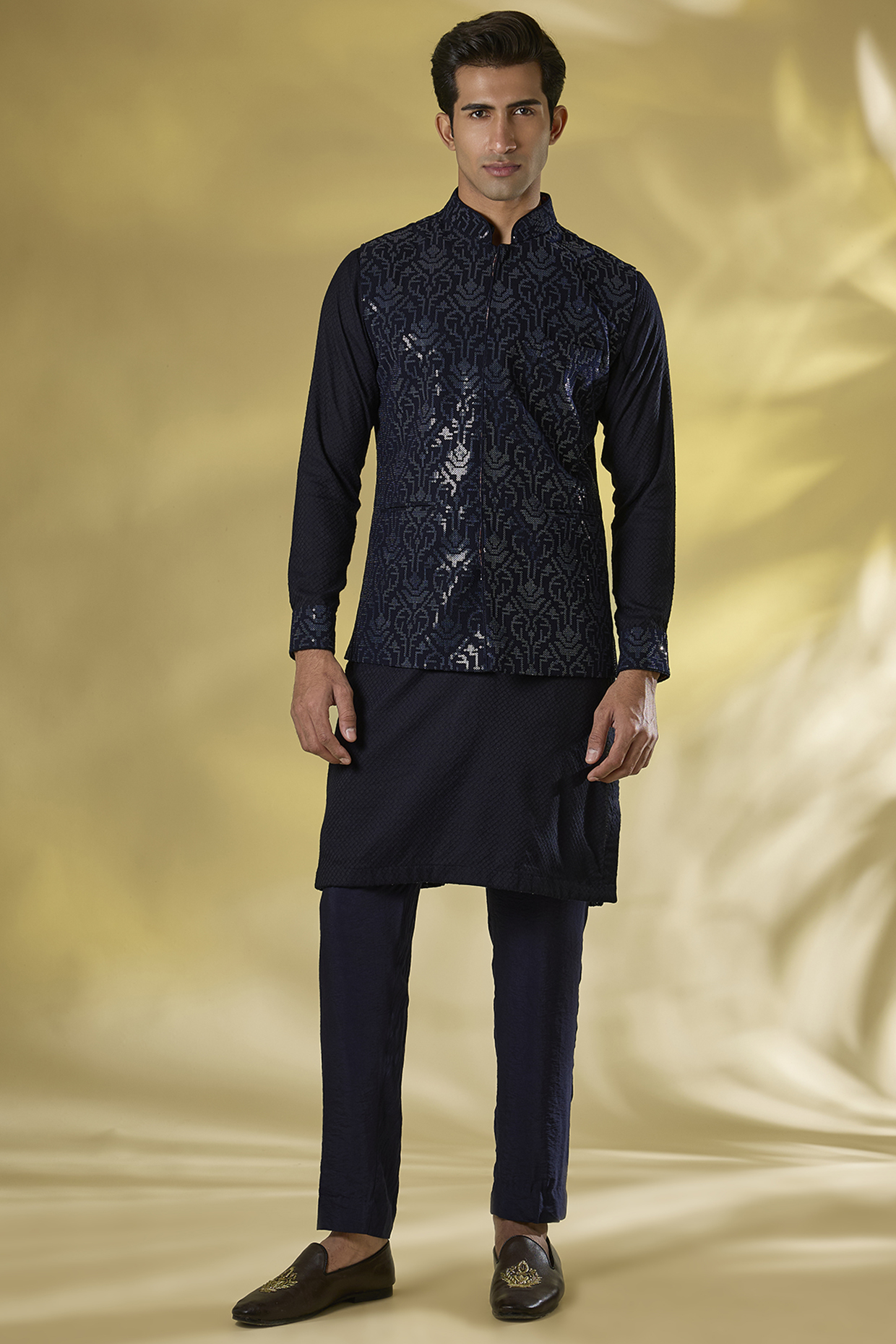 Dark Blue Georgette Sequins Embroidered Bundi Jacket Set by Rabani & Rakha Men