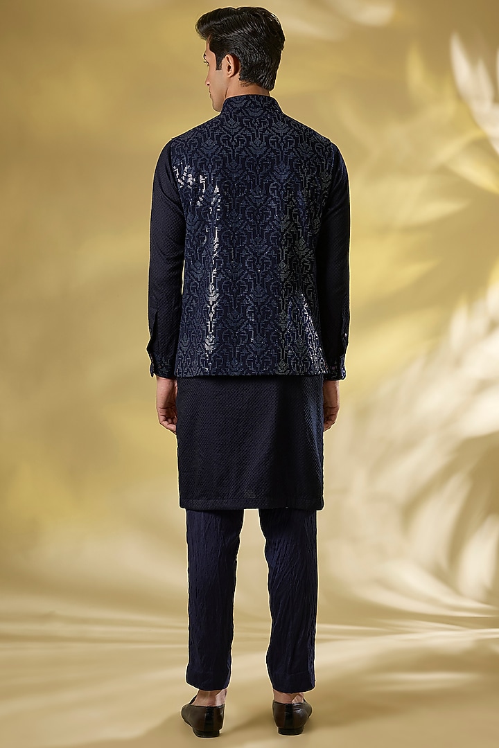 Dark Blue Georgette Sequins Embroidered Bundi Jacket Set by Rabani & Rakha Men at Pernia's Pop Up Shop