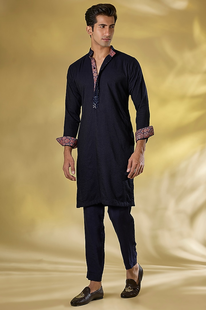 Dark Blue Georgette Sequins Embroidered Bundi Jacket Set by Rabani & Rakha Men at Pernia's Pop Up Shop