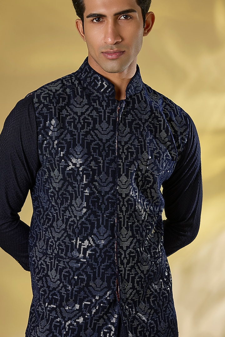Dark Blue Georgette Sequins Embroidered Bundi Jacket Set by Rabani & Rakha Men at Pernia's Pop Up Shop