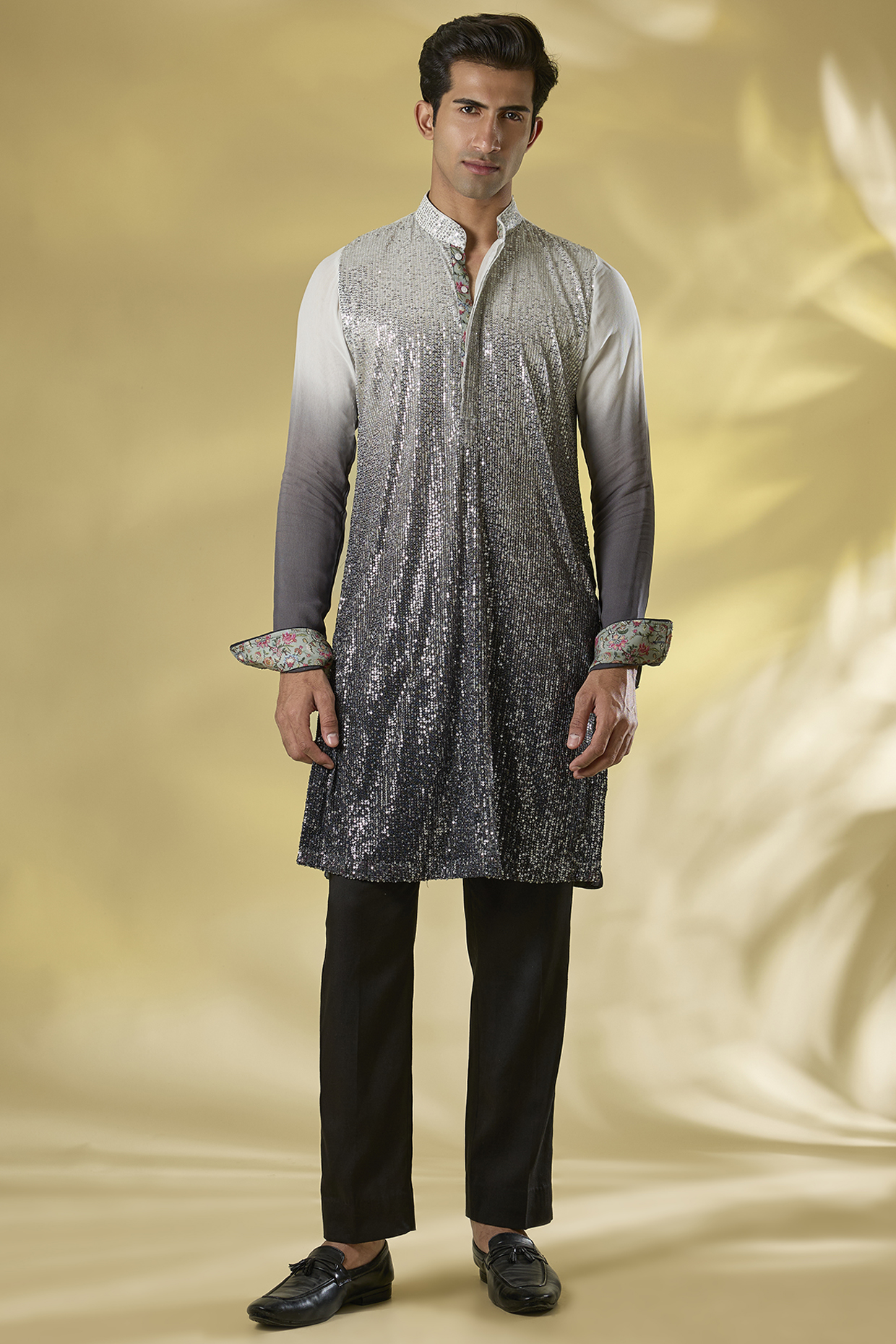 Ivory & Charcoal Grey Shaded Georgette Sequins Work Kurta Set by Rabani & Rakha Men