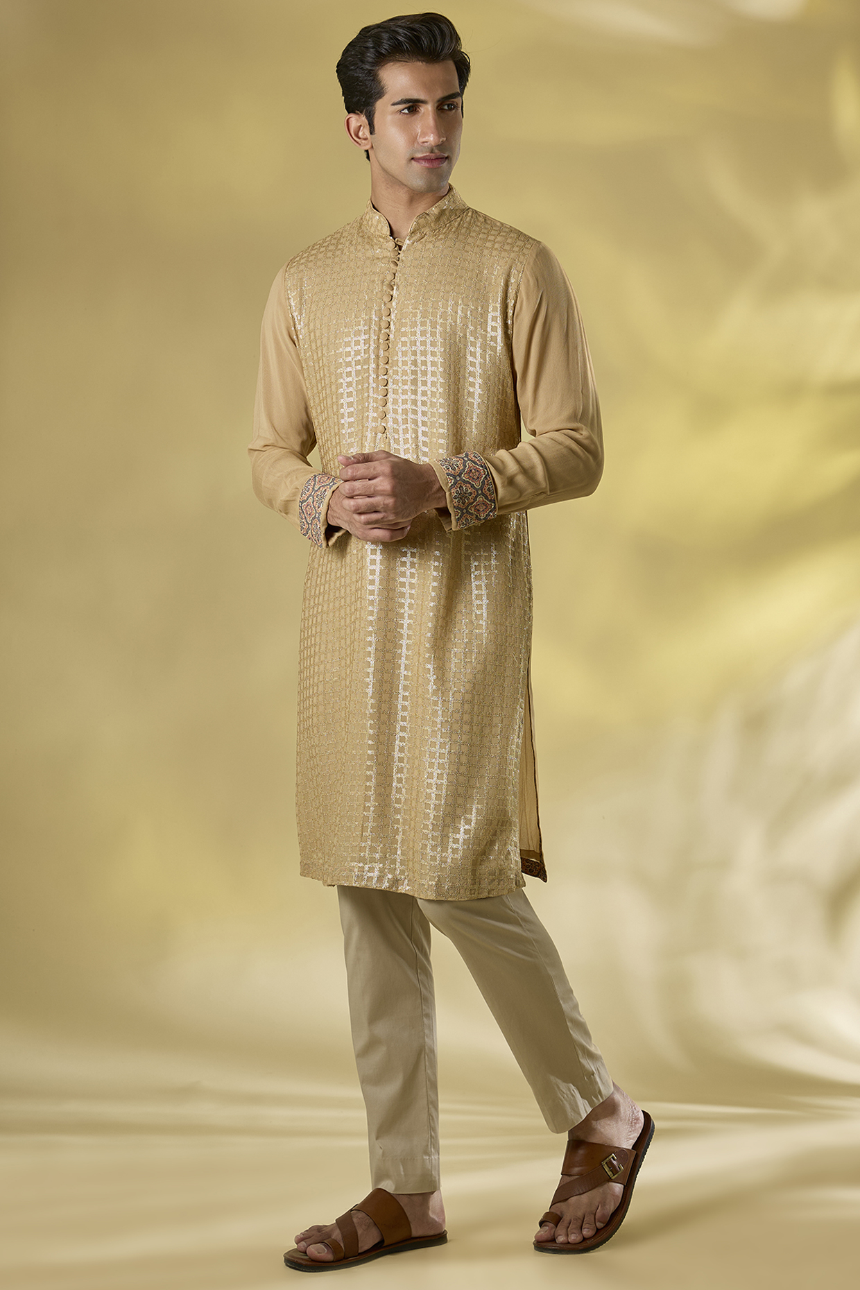 Gold Georgette Sequins Embroidered Kurta Set by Rabani & Rakha Men