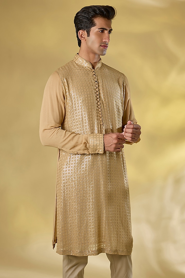 Gold Georgette Sequins Embroidered Kurta Set by Rabani & Rakha Men at Pernia's Pop Up Shop