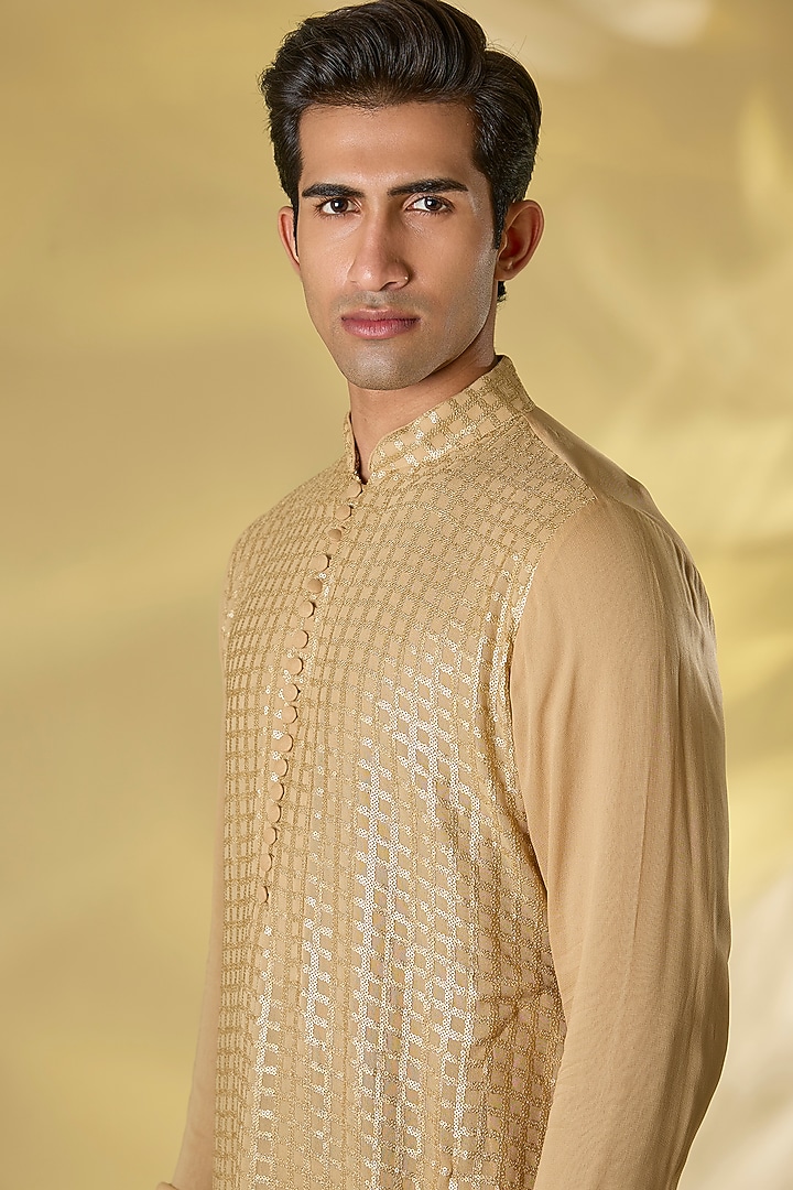 Gold Georgette Sequins Embroidered Kurta Set by Rabani & Rakha Men at Pernia's Pop Up Shop