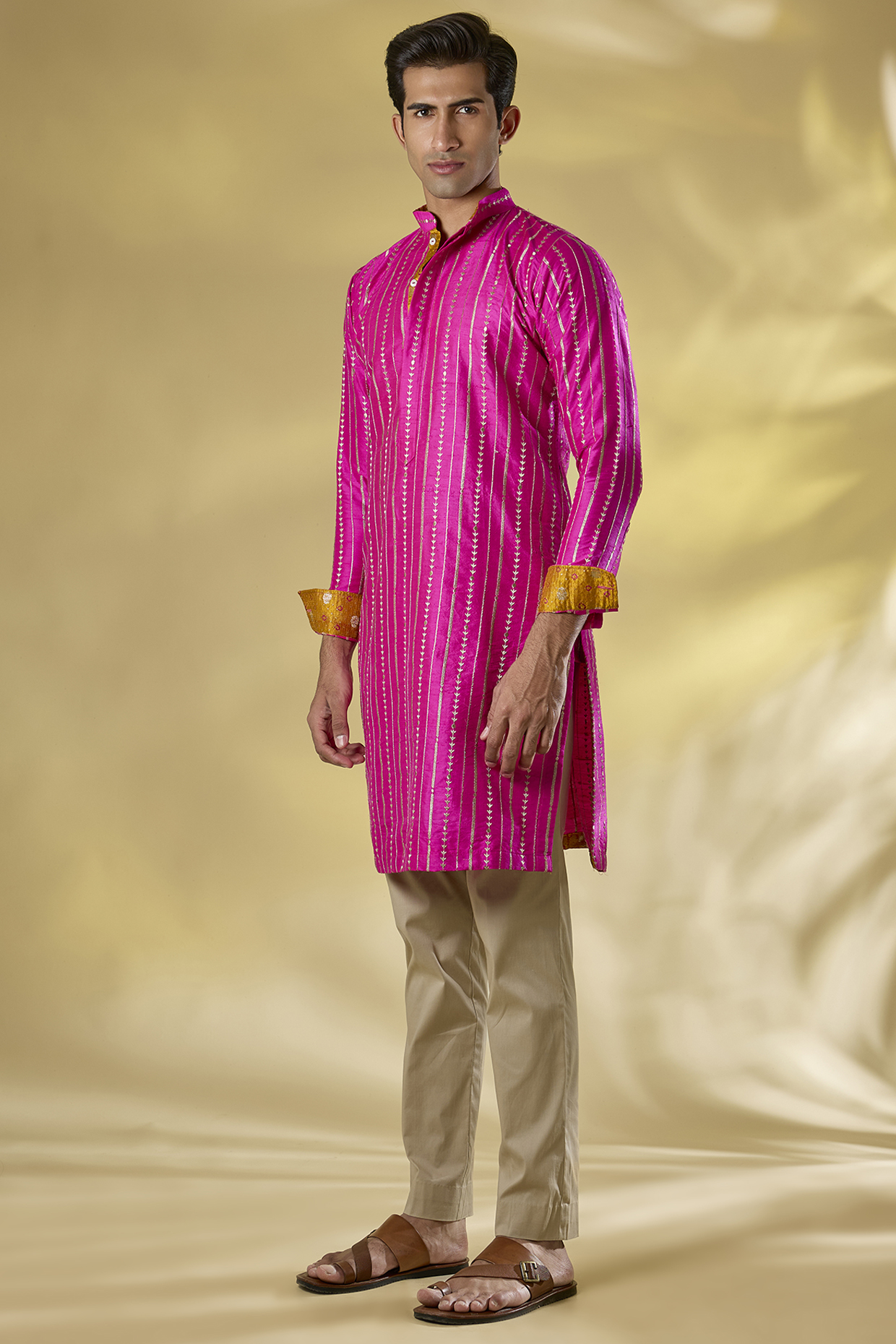 Rani Pink Silk Printed & Sequins Work Kurta Set by Rabani & Rakha Men