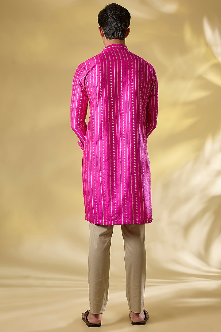 Rani Pink Silk Printed & Sequins Work Kurta Set by Rabani & Rakha Men at Pernia's Pop Up Shop
