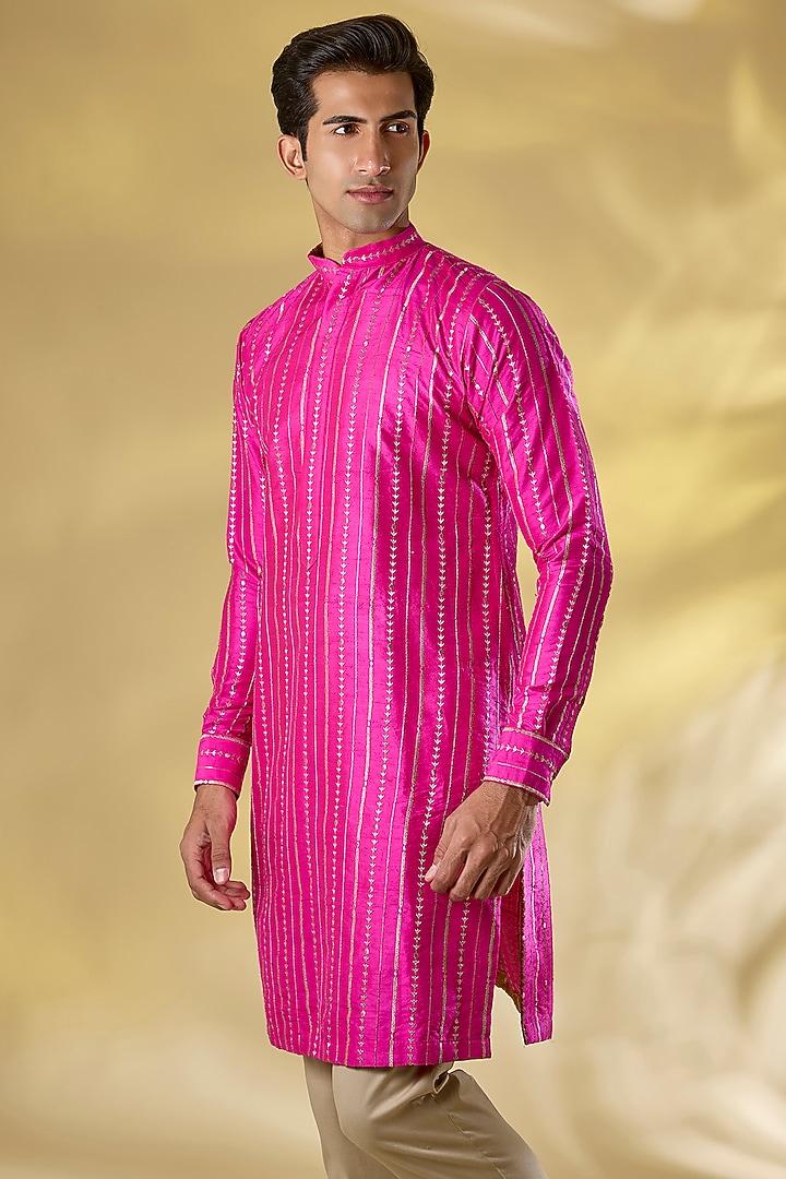 Rani Pink Silk Printed & Sequins Work Kurta Set by Rabani & Rakha Men at Pernia's Pop Up Shop