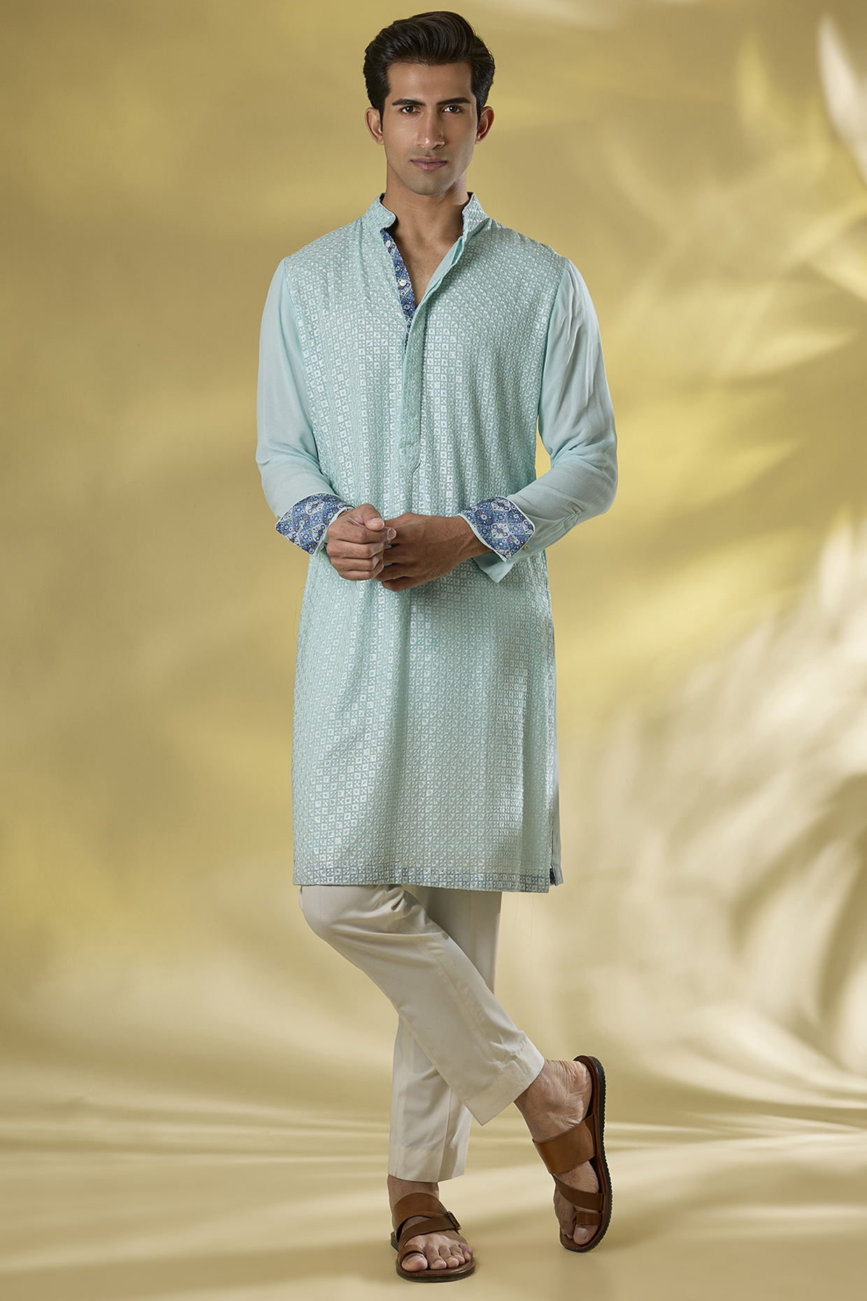 Sky Blue Georgette Printed & Sequins Work Kurta Set by Rabani & Rakha Men