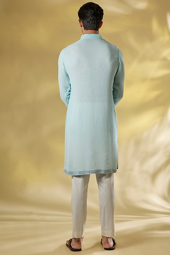 Sky Blue Georgette Printed & Sequins Work Kurta Set by Rabani & Rakha Men at Pernia's Pop Up Shop