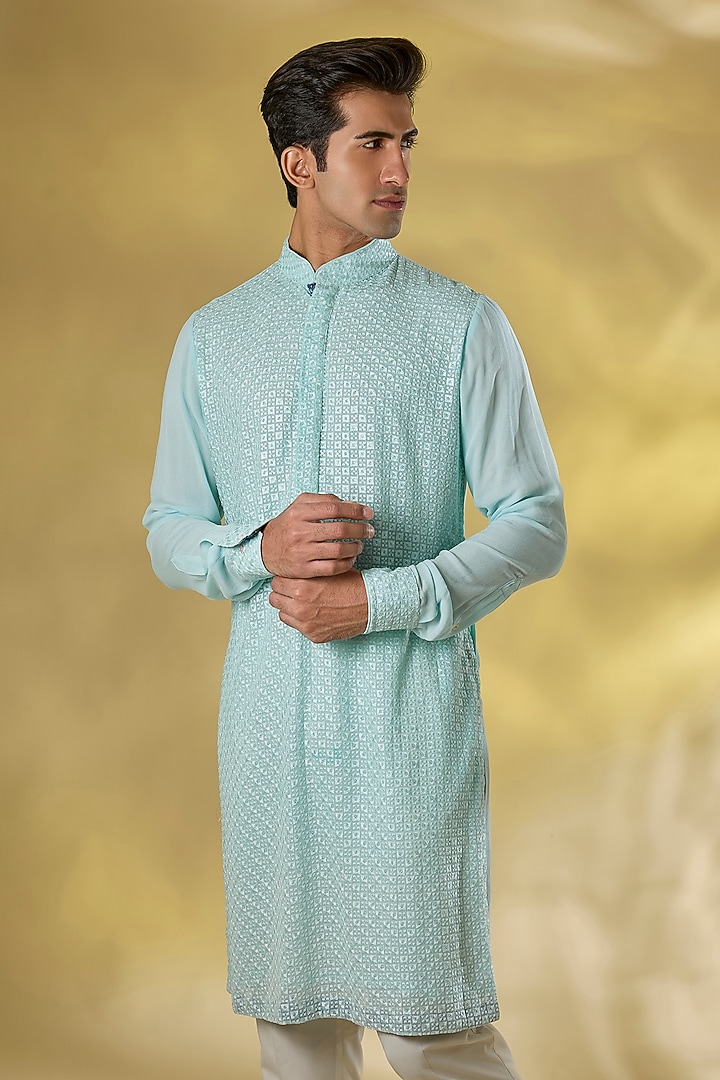 Sky Blue Georgette Printed & Sequins Work Kurta Set by Rabani & Rakha Men at Pernia's Pop Up Shop