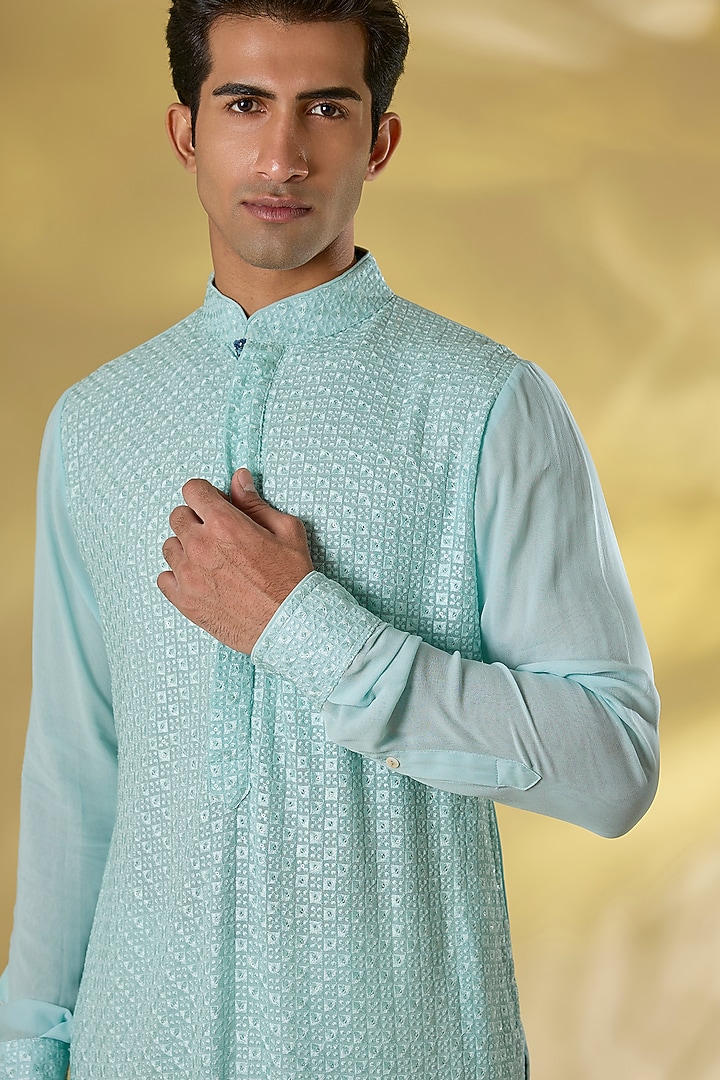 Sky Blue Georgette Printed & Sequins Work Kurta Set by Rabani & Rakha Men at Pernia's Pop Up Shop
