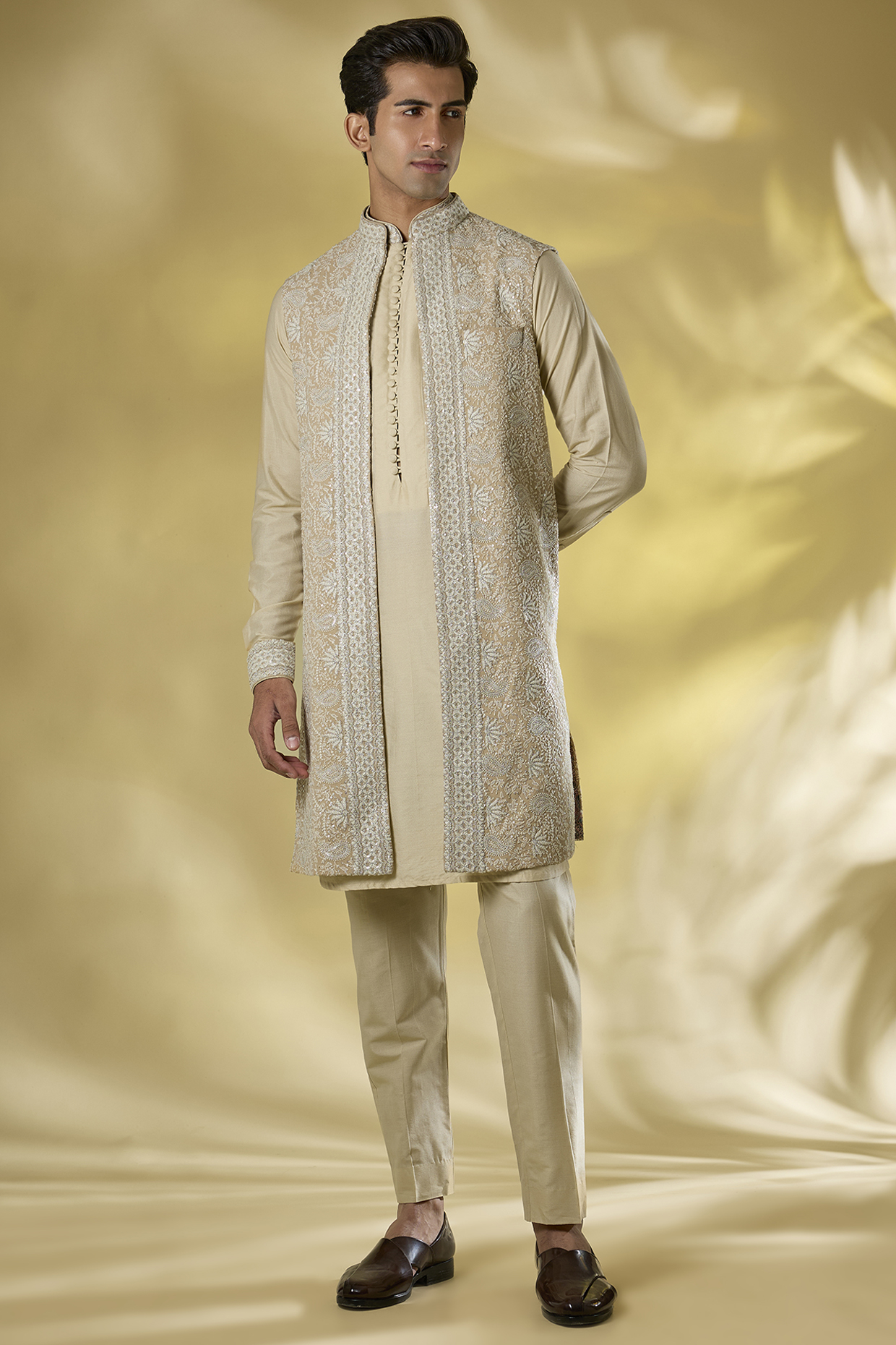 Beige Silk Sequins Embroidered Indo-Western Jacket Set by Rabani & Rakha Men