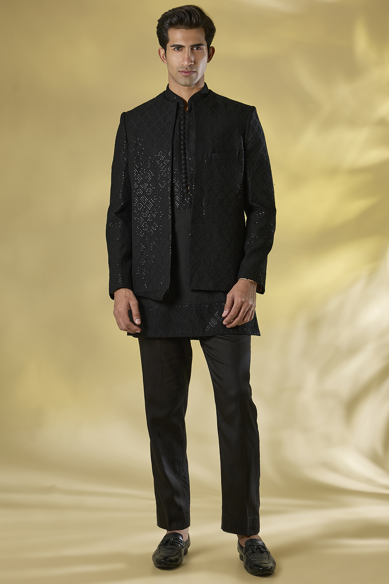 Black Silk Sequins Work Indo-Western Jacket Set by Rabani & Rakha Men