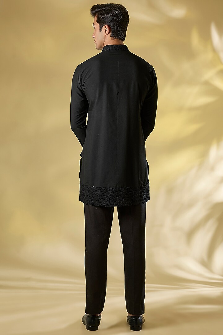 Black Georgette Thread Work Open-Jacket Set by Rabani & Rakha Men at Pernia's Pop Up Shop