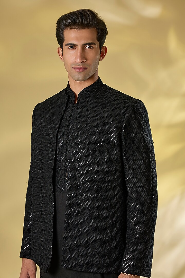 Black Georgette Thread Work Open-Jacket Set by Rabani & Rakha Men at Pernia's Pop Up Shop