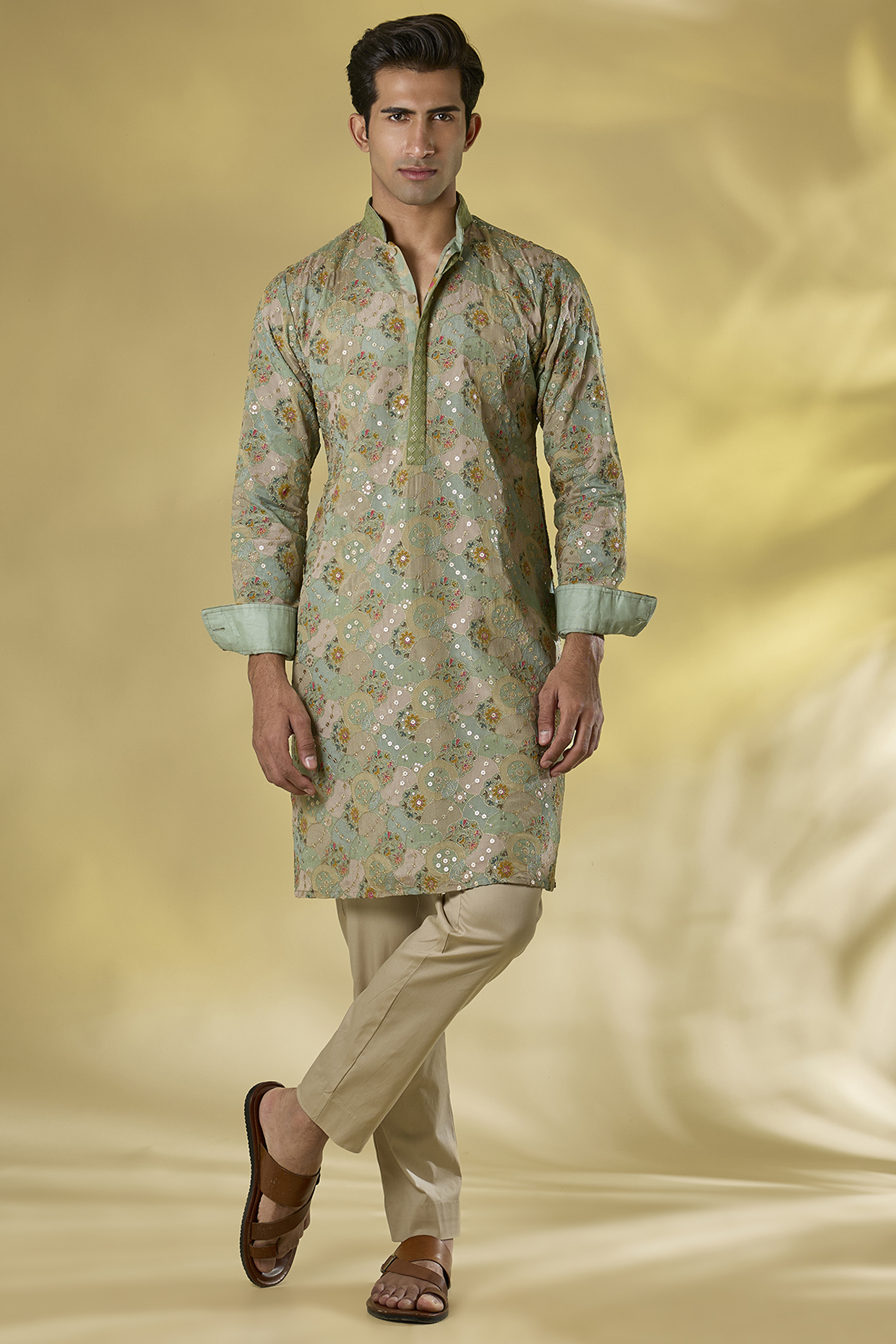 Sage Green Crinkle Georgette Printed & Sequins Work Kurta Set by Rabani & Rakha Men