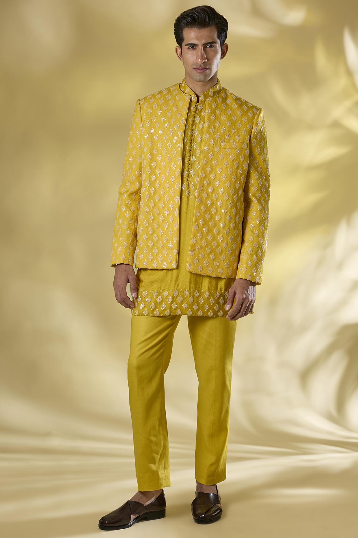 Yellow Organza Sequins Embroidered Indo-Western Jacket Set by Rabani & Rakha Men