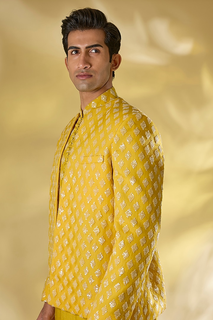 Yellow Organza Sequins Embroidered Indo-Western Jacket Set by Rabani & Rakha Men at Pernia's Pop Up Shop
