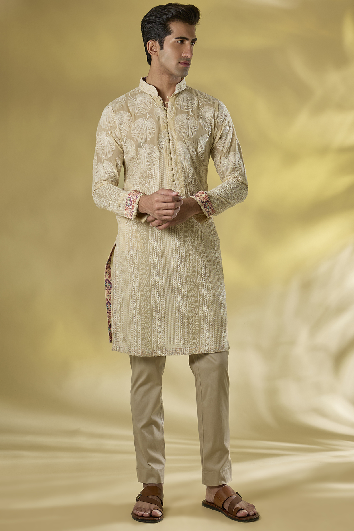Cream Georgette Thread Leaf Work Kurta Set by Rabani & Rakha Men