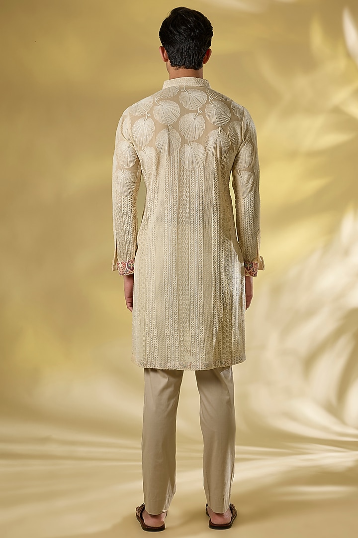 Cream Georgette Thread Leaf Work Kurta Set by Rabani & Rakha Men at Pernia's Pop Up Shop