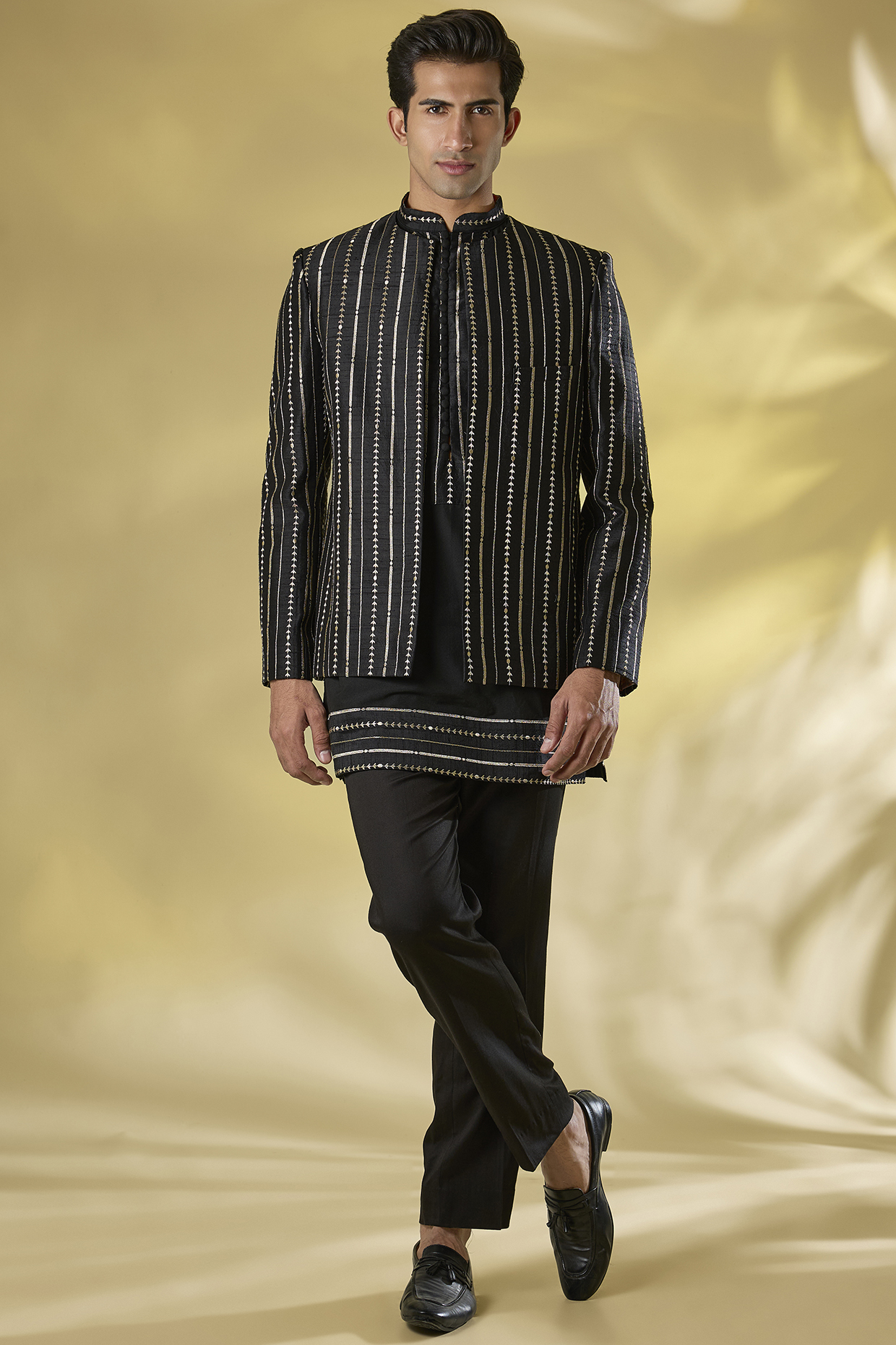 Black Silk Zari Embroidered Indo-Western Jacket Set by Rabani & Rakha Men