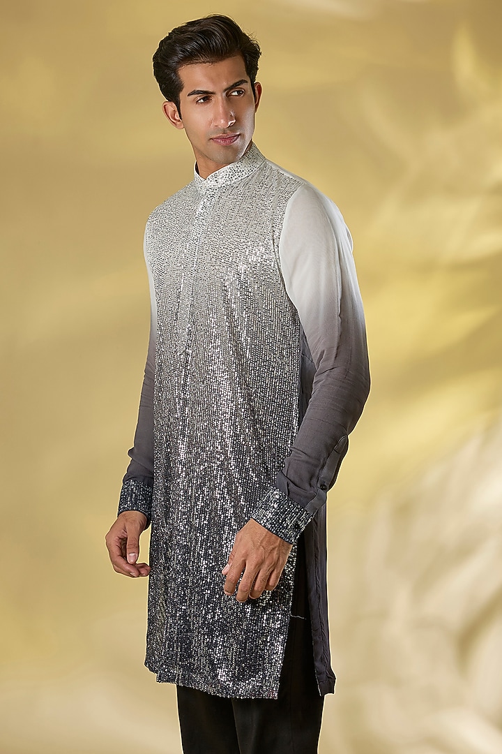 Ivory & Charcoal Grey Shaded Georgette Printed Kurta by Rabani & Rakha Men at Pernia's Pop Up Shop