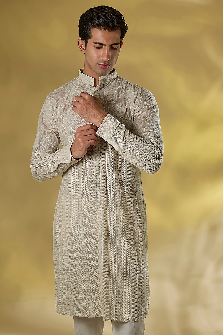 Grey Georgette Jaal Embroidered Kurta by Rabani & Rakha Men