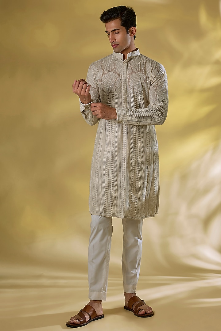 Grey Georgette Jaal Embroidered Kurta by Rabani & Rakha Men at Pernia's Pop Up Shop