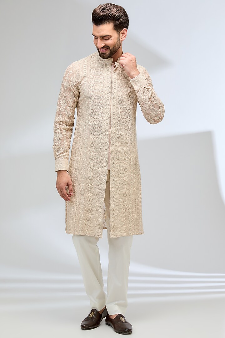 Nude Georgette Thread Embroidered Kurta by Rabani & Rakha Men at Pernia's Pop Up Shop