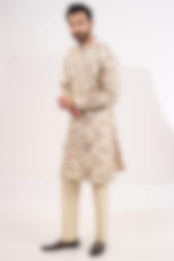 Cream Dupion Silk Printed & Thread Embroidered Kurta by Rabani & Rakha Men