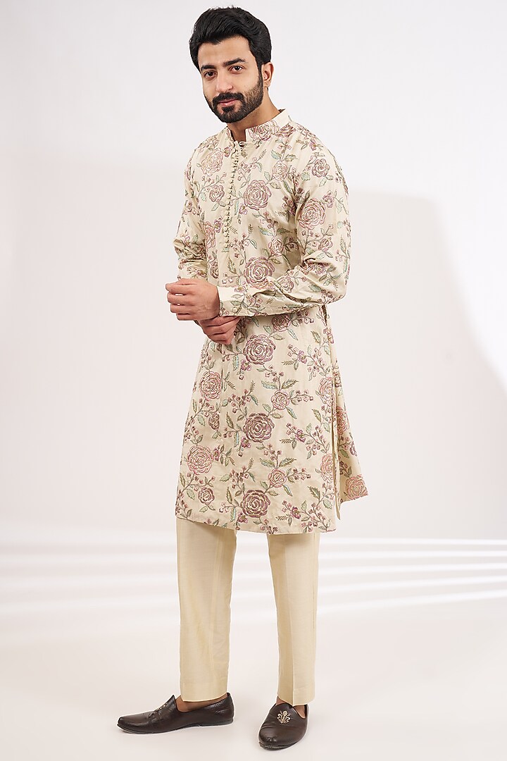 Cream Dupion Silk Printed & Thread Embroidered Kurta by Rabani & Rakha Men