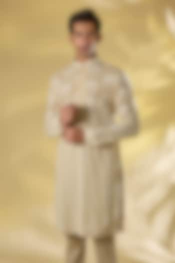 Cream Georgette Jaal Work Kurta by Rabani & Rakha Men