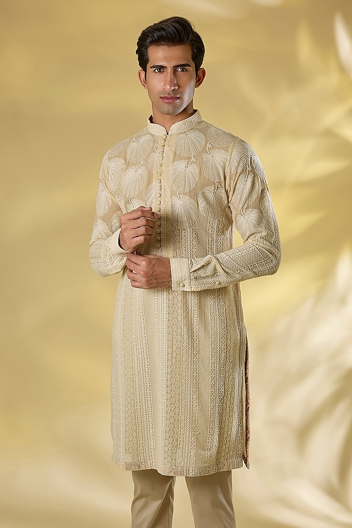 Cream Georgette Jaal Work Kurta by Rabani & Rakha Men