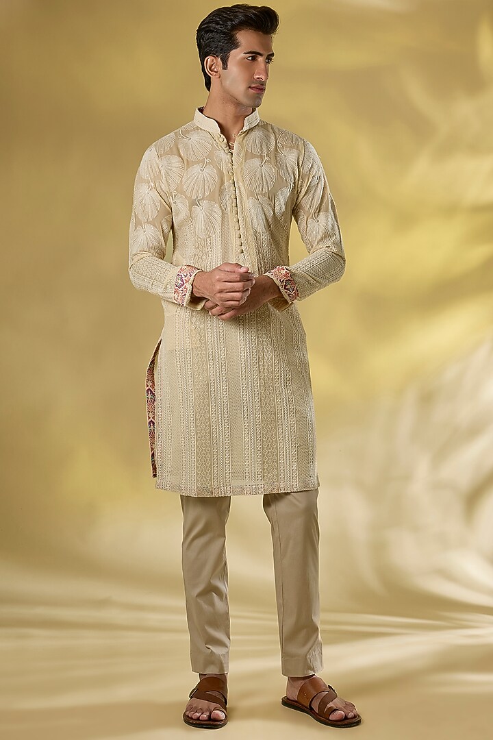 Cream Georgette Jaal Work Kurta by Rabani & Rakha Men at Pernia's Pop Up Shop