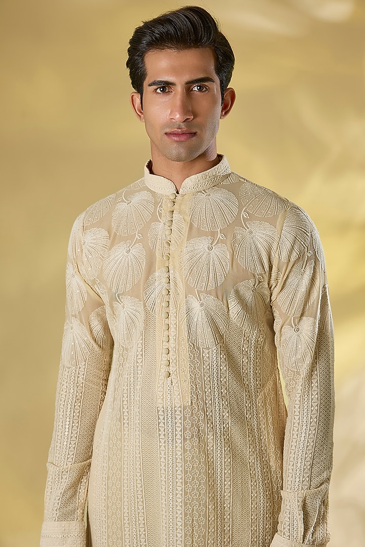 Cream Georgette Jaal Work Kurta by Rabani & Rakha Men at Pernia's Pop Up Shop